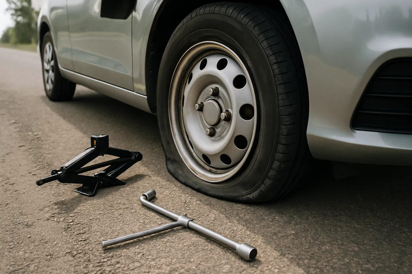 Flat tire being changed at the roadside in Greenville, TX